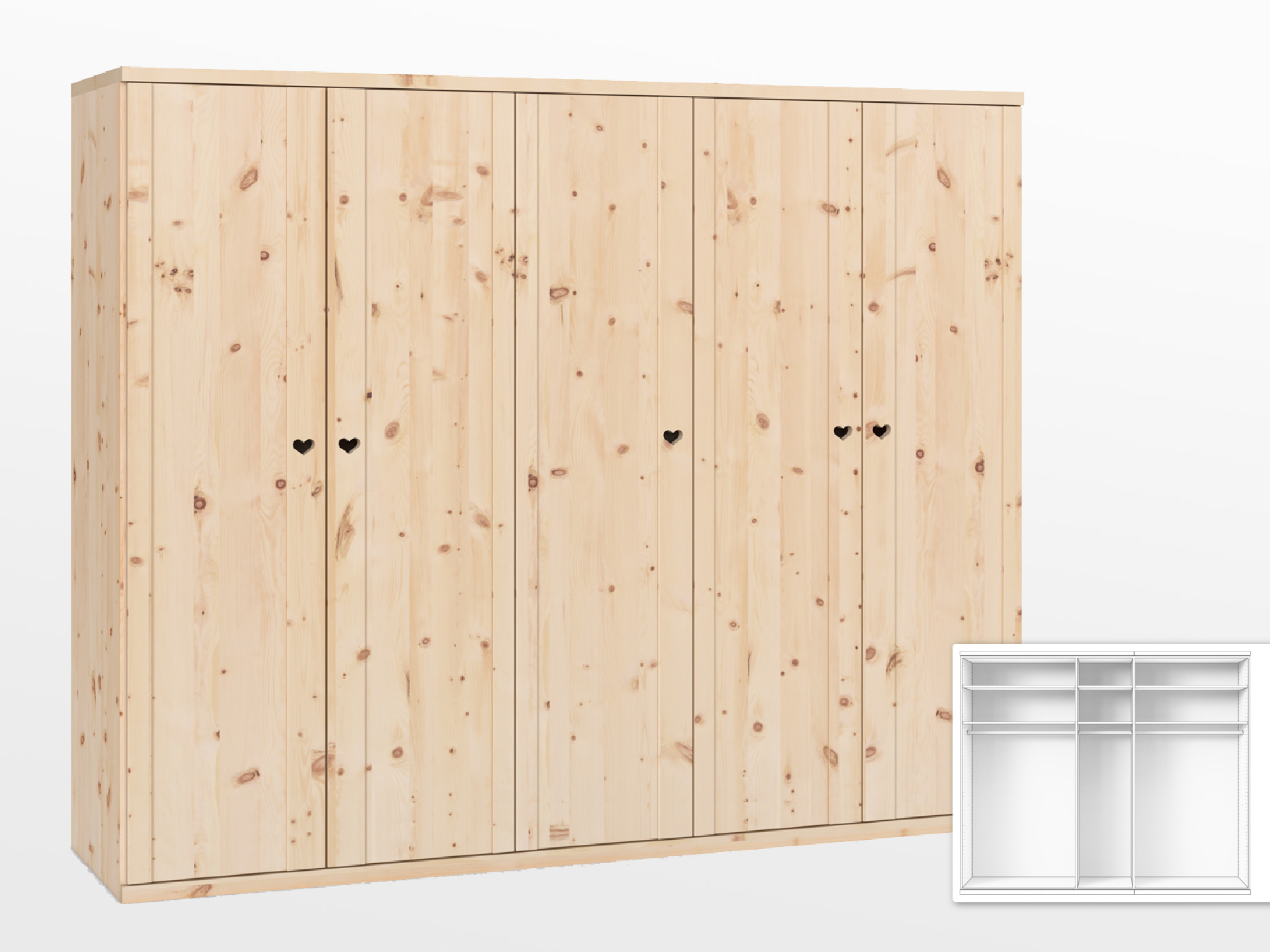 Zirbenschrank „Erika“, 5-türig, Höhe 220 cm, Griffausführung „Heidi“, Inneneinrichtung: A