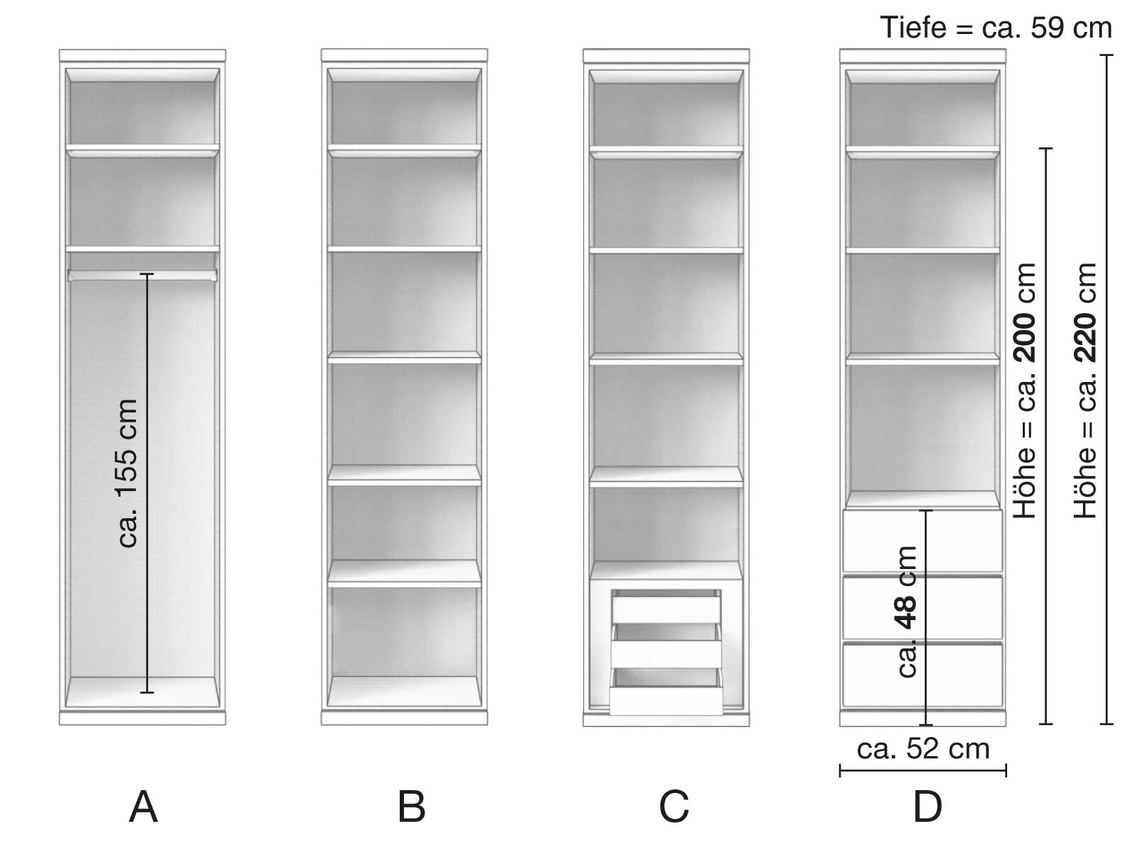 Zirbenschrank „Romana“, 1-türig, Inneneinrichtung: A - D