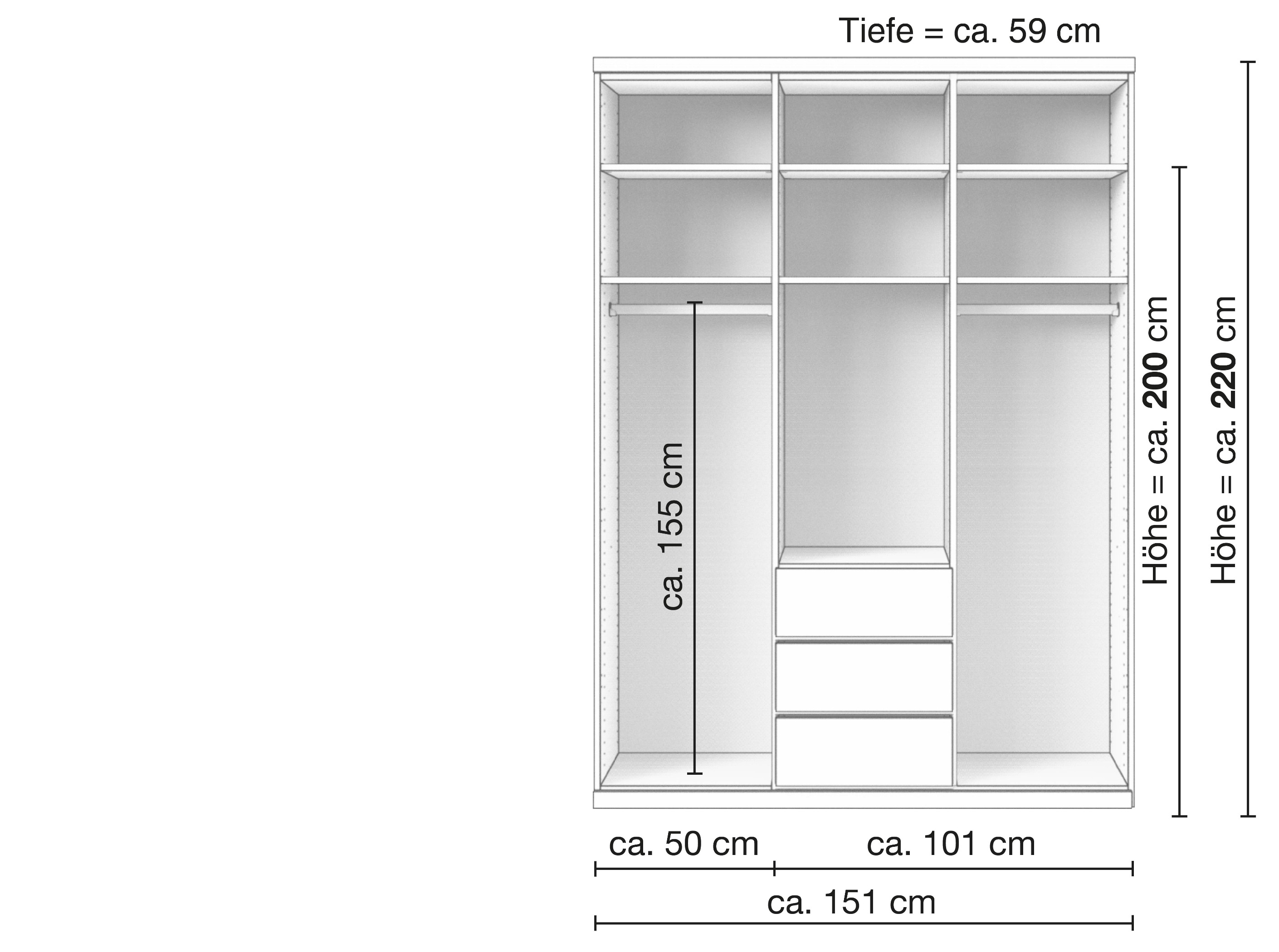 Zirbenschrank „Romana“, 3-türig, Inneneinrichtung: E