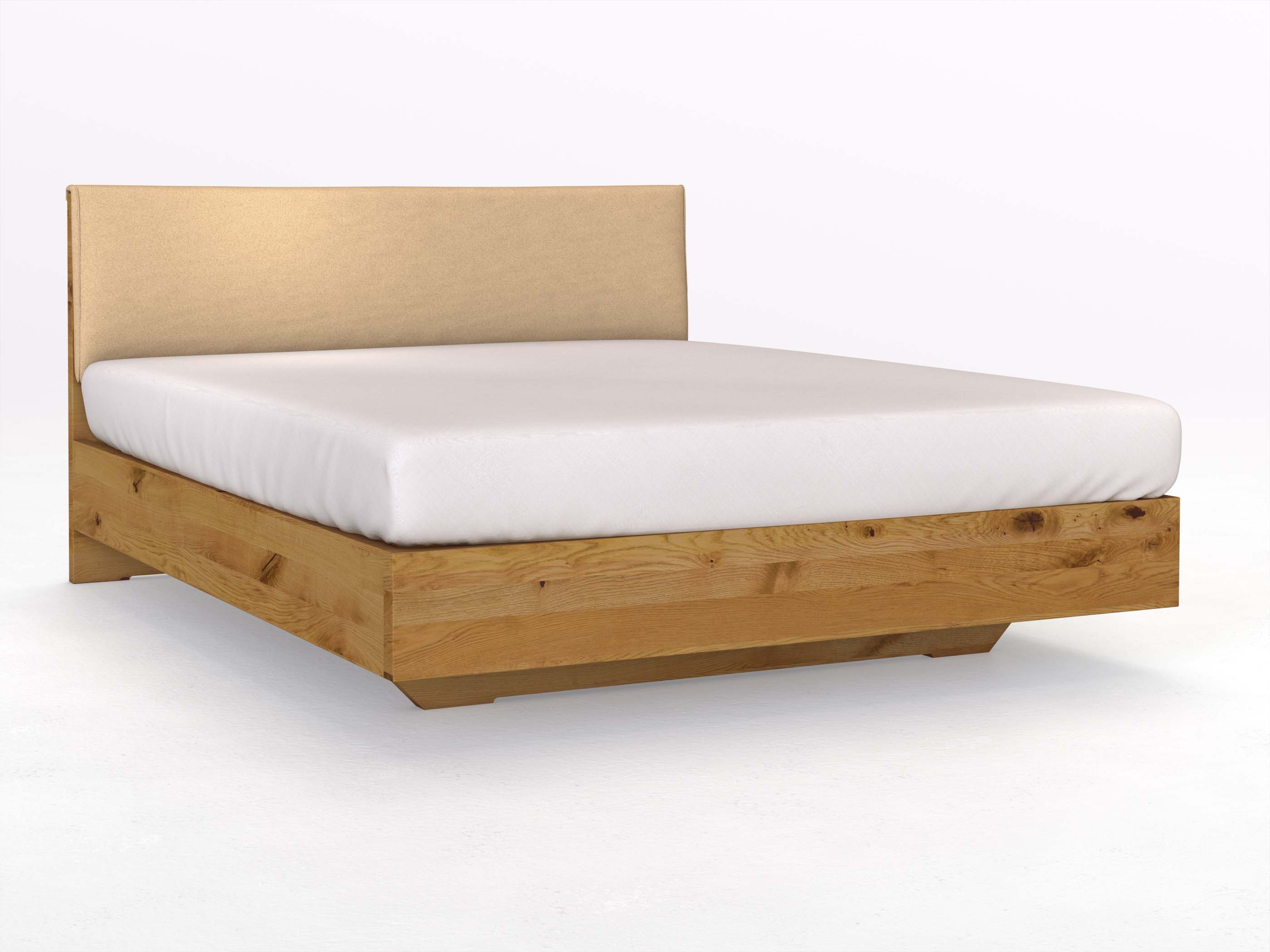 Wildeichenbett „Lukas“ Boxspring in 180 x 200 cm, mit Stoffkopfteil - Stoff: Schafschurwolle „Loden“ in der Farbe Goldhirse