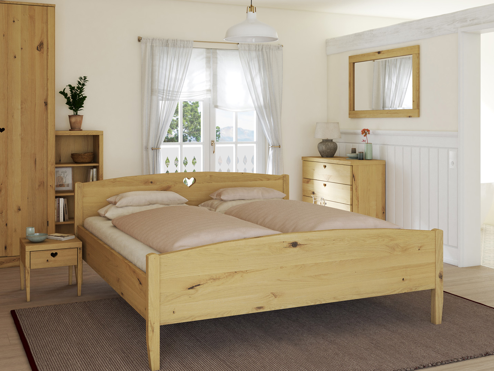 Schlafzimmer mit Wildeichenbett Hell „Heidi“ in 180 x 200 cm mit niedrigem runden Fußteil und mit Kopfteil „Herz“