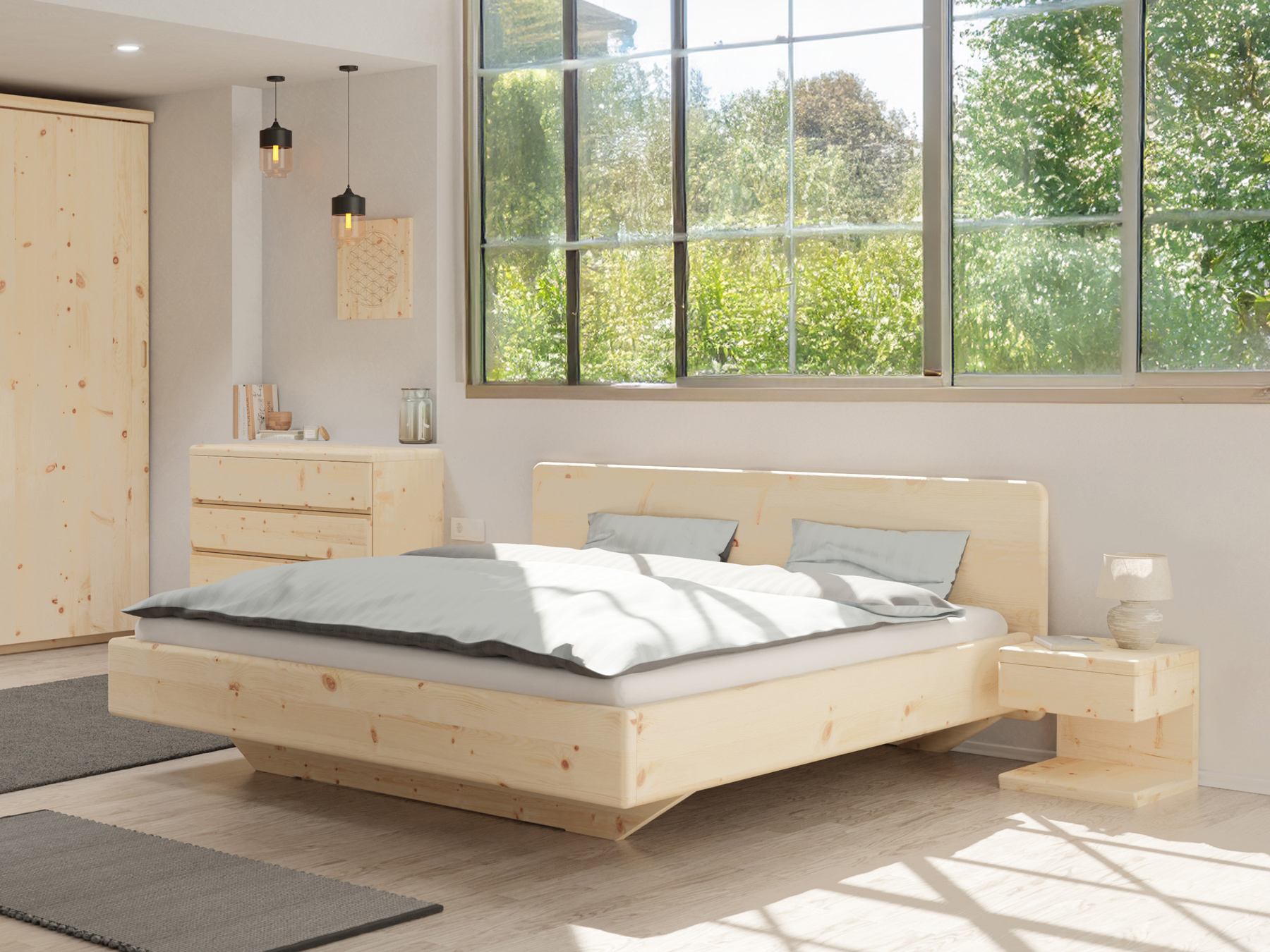 Zirbenschlafzimmer-Set „Gleichklang" bestehend aus Bett inkl. 2 Nachttischen (Komforthöhe 47 cm) und Kommode 100 cm breit